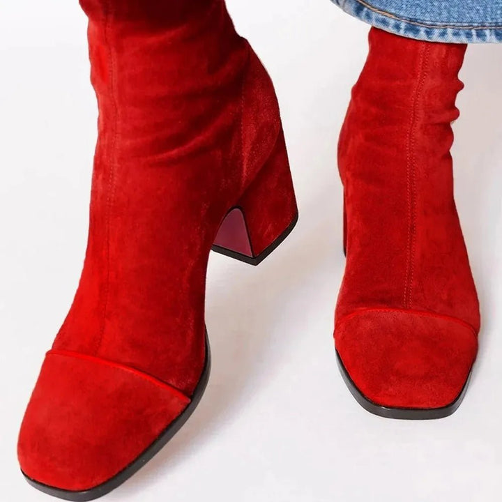 Luisa | Damen Wildleder Blockabsatz Stiefeletten Quadratische Zehenpartie