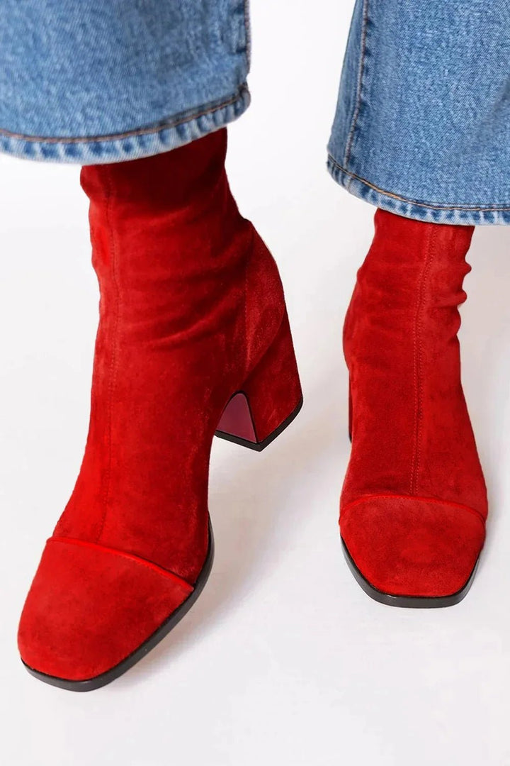 Luisa | Damen Wildleder Blockabsatz Stiefeletten Quadratische Zehenpartie