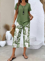 Nora | Damen Zweiteiler Set Kurzarm Oberteil Blätter Print Hose