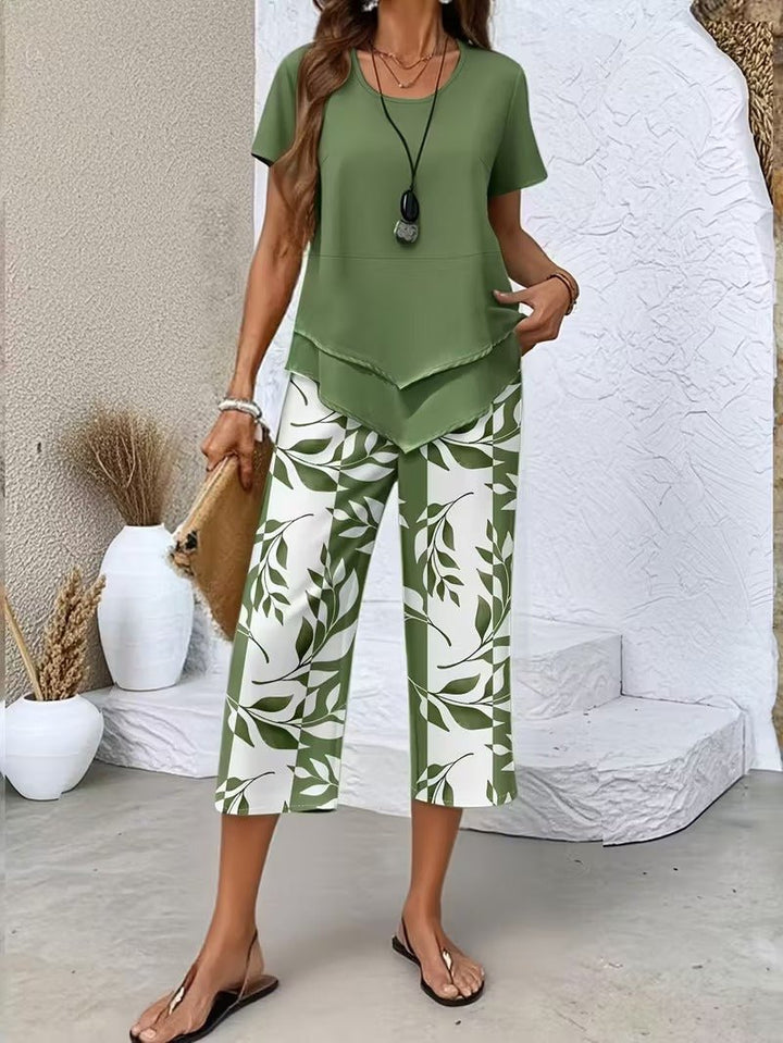 Nora | Damen Zweiteiler Set Kurzarm Oberteil Blätter Print Hose