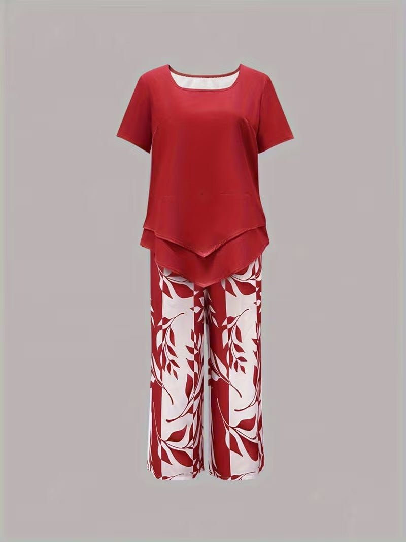 Nora | Damen Zweiteiler Set Kurzarm Oberteil Blätter Print Hose