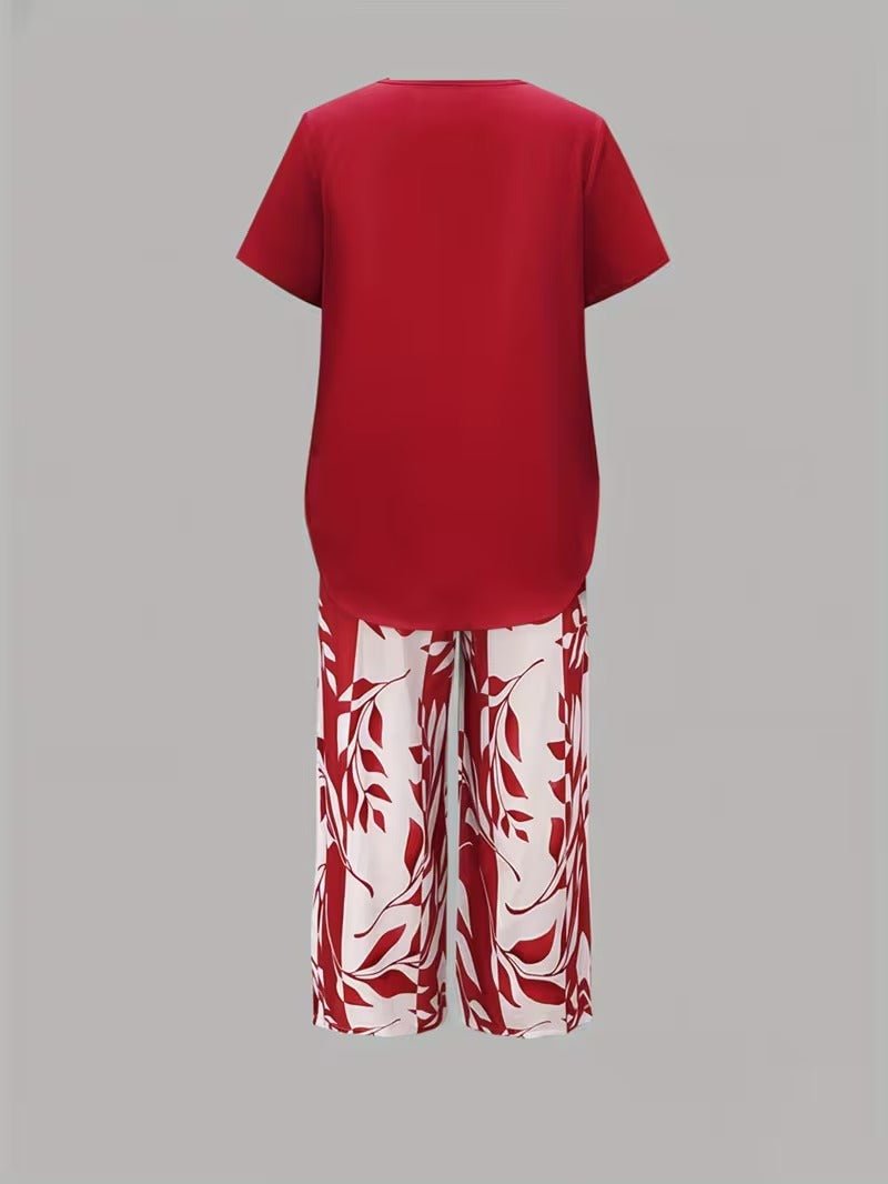 Nora | Damen Zweiteiler Set Kurzarm Oberteil Blätter Print Hose