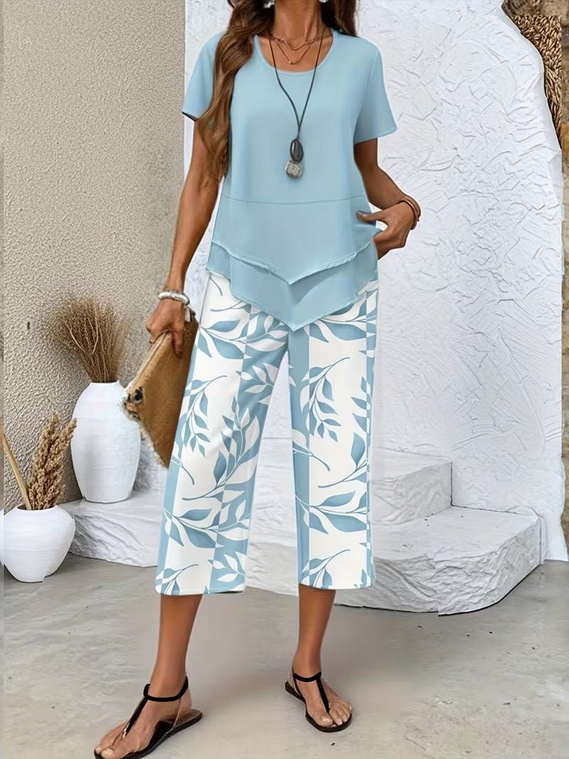 Nora | Damen Zweiteiler Set Kurzarm Oberteil Blätter Print Hose