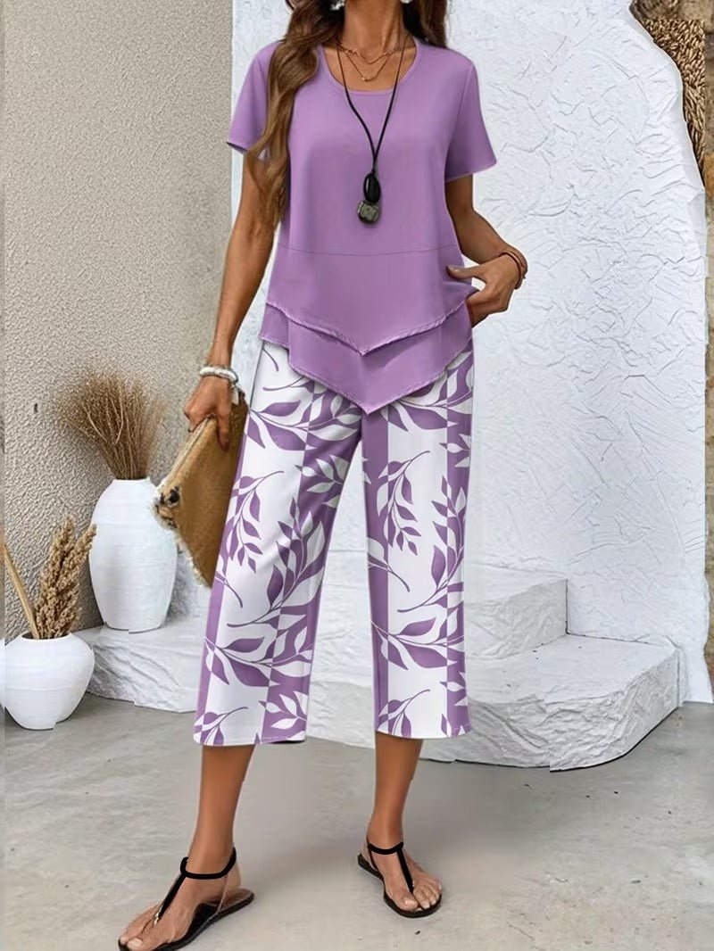 Nora | Damen Zweiteiler Set Kurzarm Oberteil Blätter Print Hose