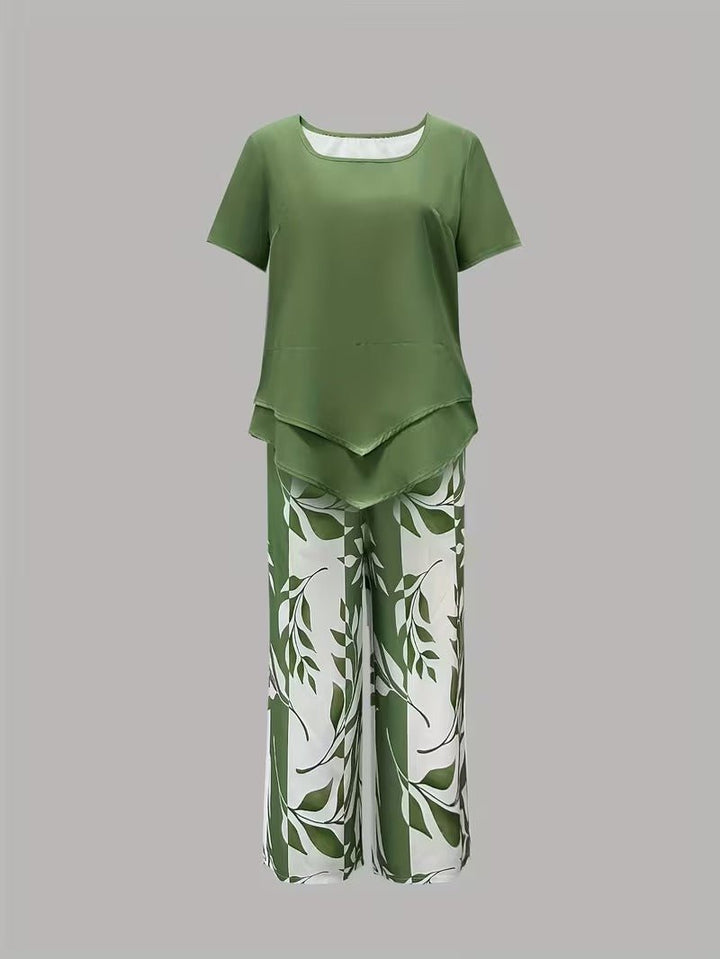 Nora | Damen Zweiteiler Set Kurzarm Oberteil Blätter Print Hose
