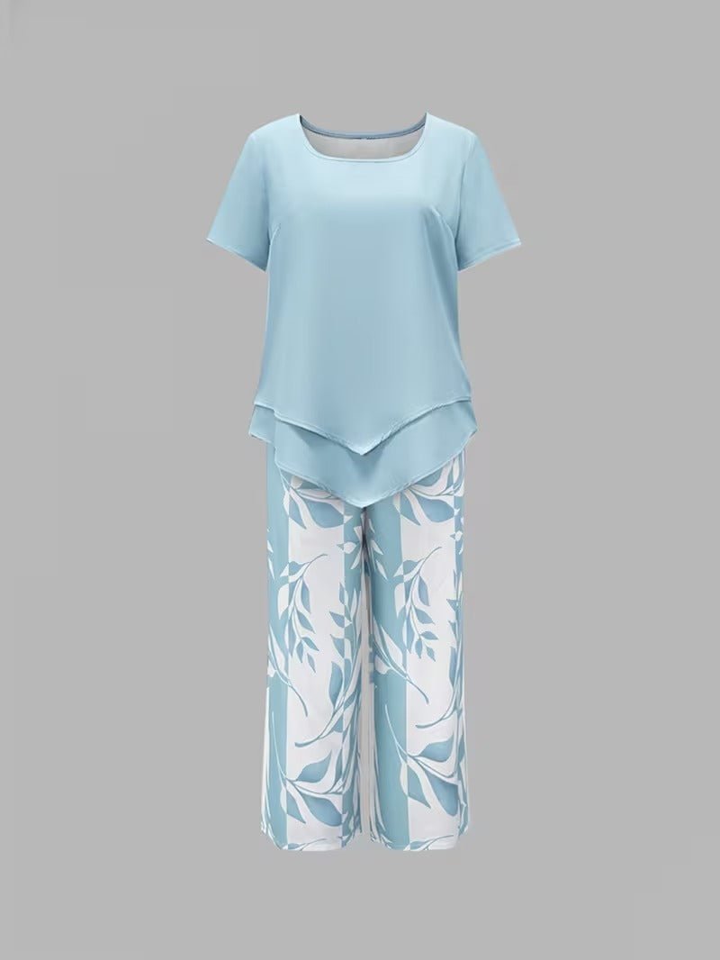 Nora | Damen Zweiteiler Set Kurzarm Oberteil Blätter Print Hose