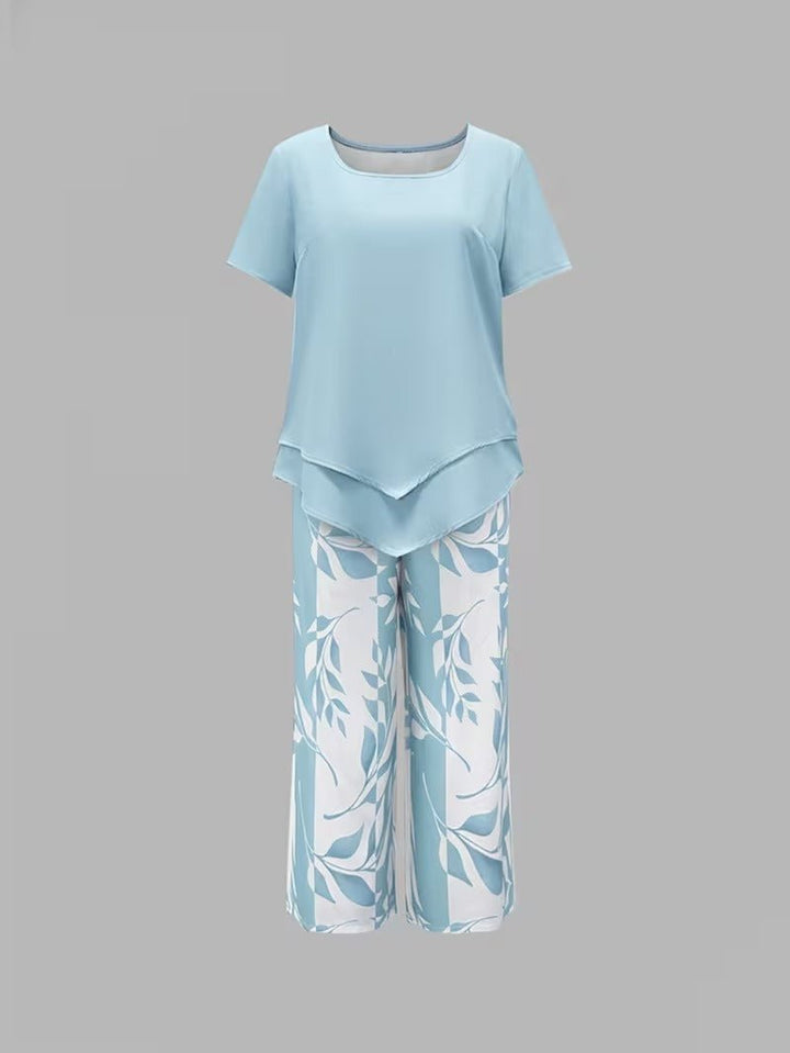 Nora | Damen Zweiteiler Set Kurzarm Oberteil Blätter Print Hose