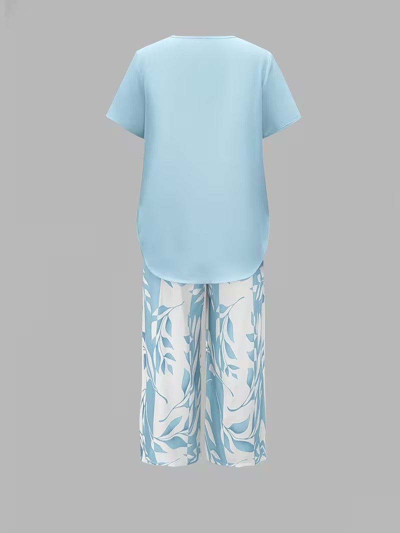 Nora | Damen Zweiteiler Set Kurzarm Oberteil Blätter Print Hose