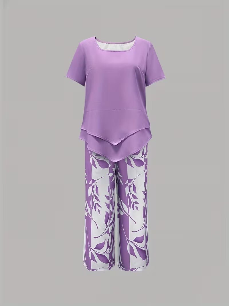 Nora | Damen Zweiteiler Set Kurzarm Oberteil Blätter Print Hose