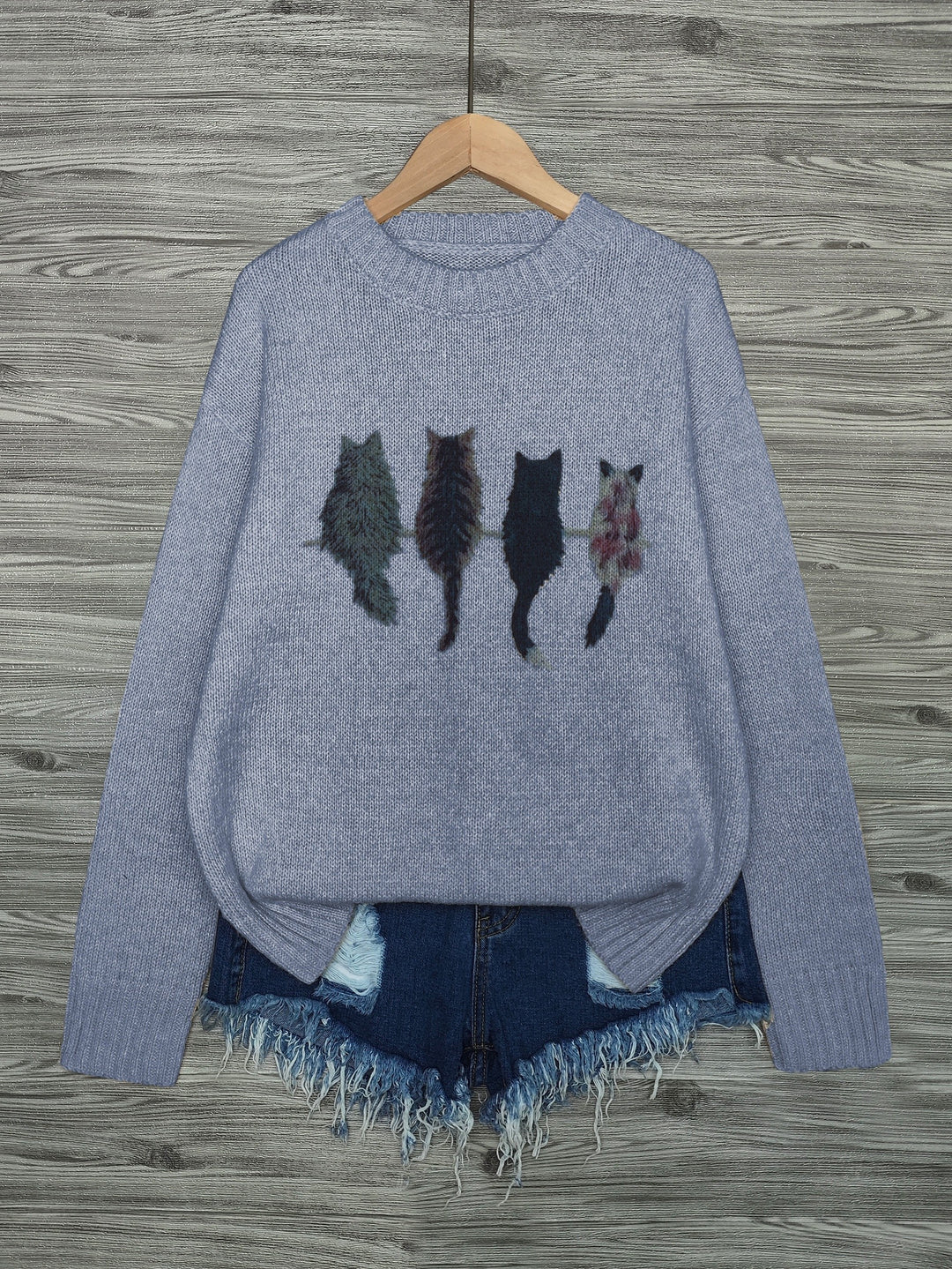 Nicole | Kuscheliger Rundhals-Pullover mit Katzen-Motiv