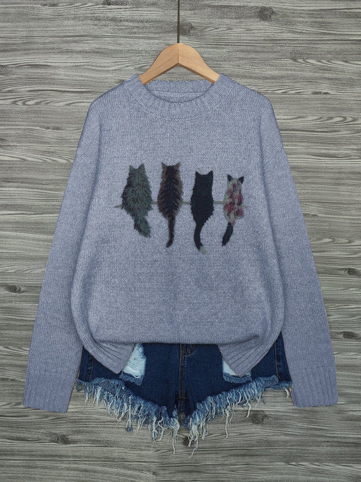 Nicole | Kuscheliger Rundhals-Pullover mit Katzen-Motiv