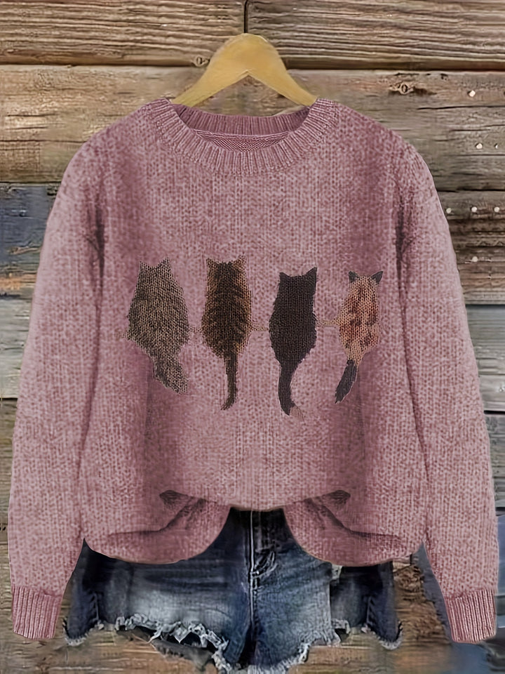 Nicole | Kuscheliger Rundhals-Pullover mit Katzen-Motiv