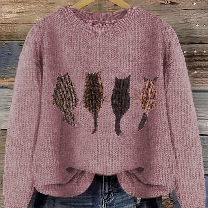 Nicole | Kuscheliger Rundhals-Pullover mit Katzen-Motiv