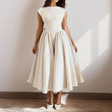 Amelie | Damen Vintage Satin Midi-Kleid mit Carmen-Ausschnitt