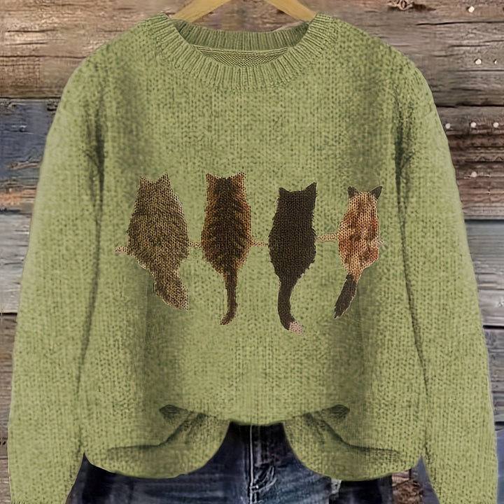 Nicole | Kuscheliger Rundhals-Pullover mit Katzen-Motiv