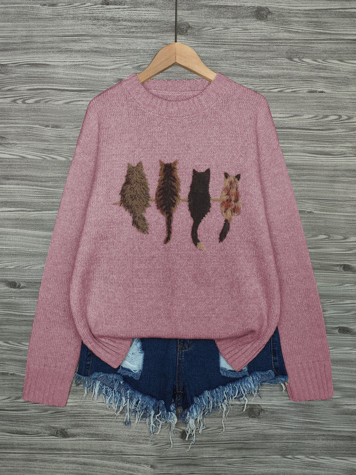 Nicole | Kuscheliger Rundhals-Pullover mit Katzen-Motiv