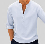 Sebastian | Herren Leinhemd Langarm Stehkragen Henley Gestreift