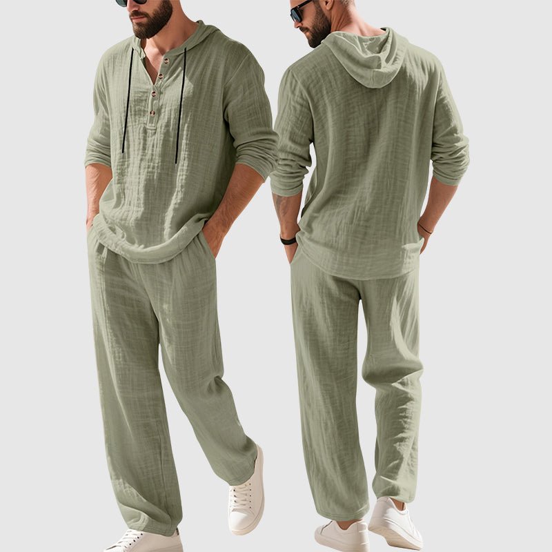 Felix | Herren Linen Hoodie Henley Zweiteiliges Freizeitset