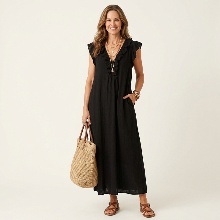 Beatrix | Rüschen-Maxikleid mit V-Ausschnitt