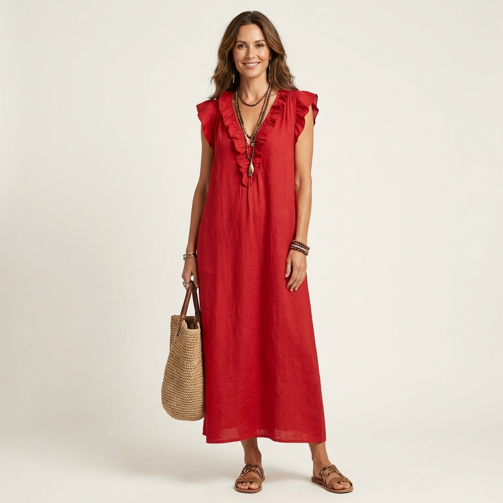 Beatrix | Rüschen-Maxikleid mit V-Ausschnitt