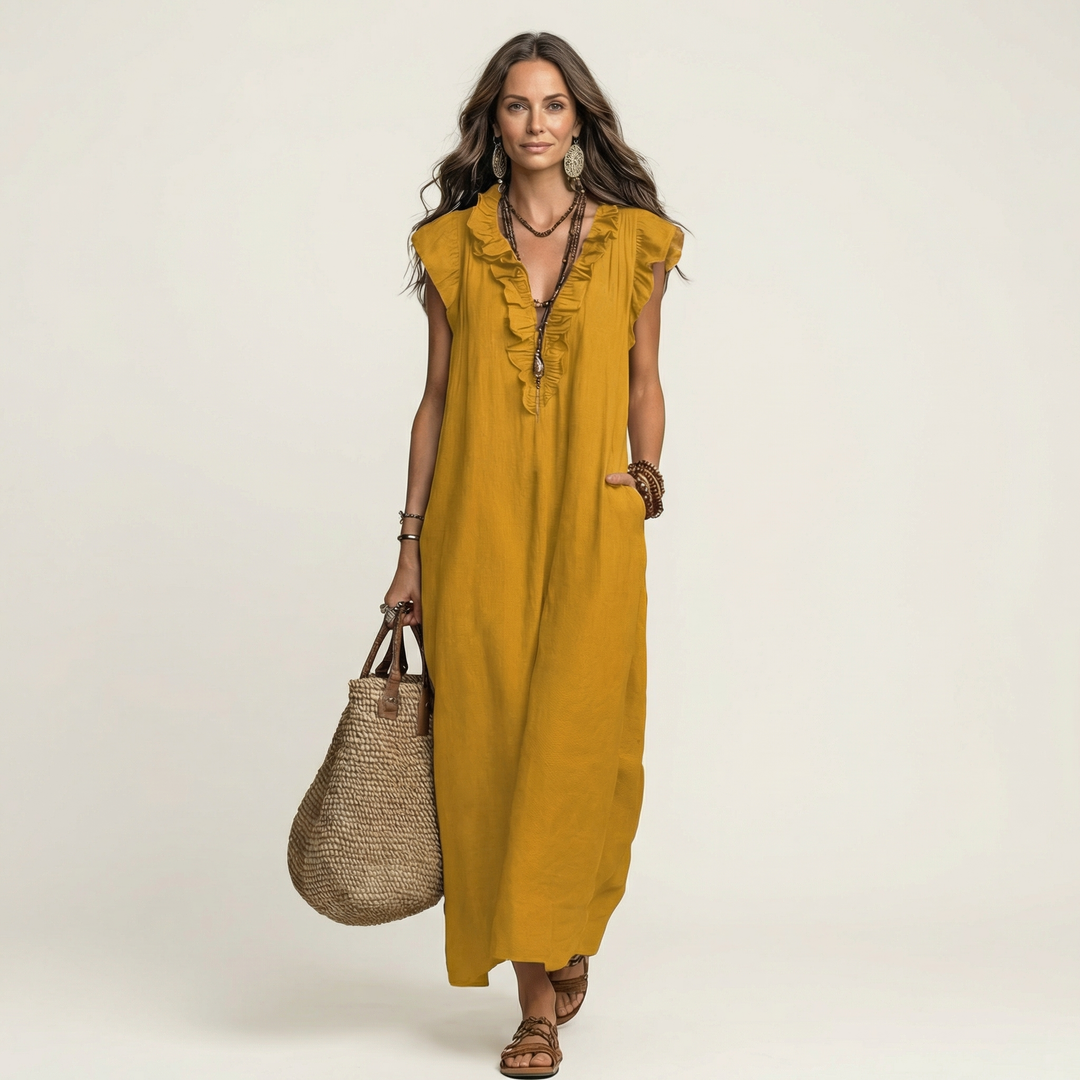 Beatrix | Rüschen-Maxikleid mit V-Ausschnitt