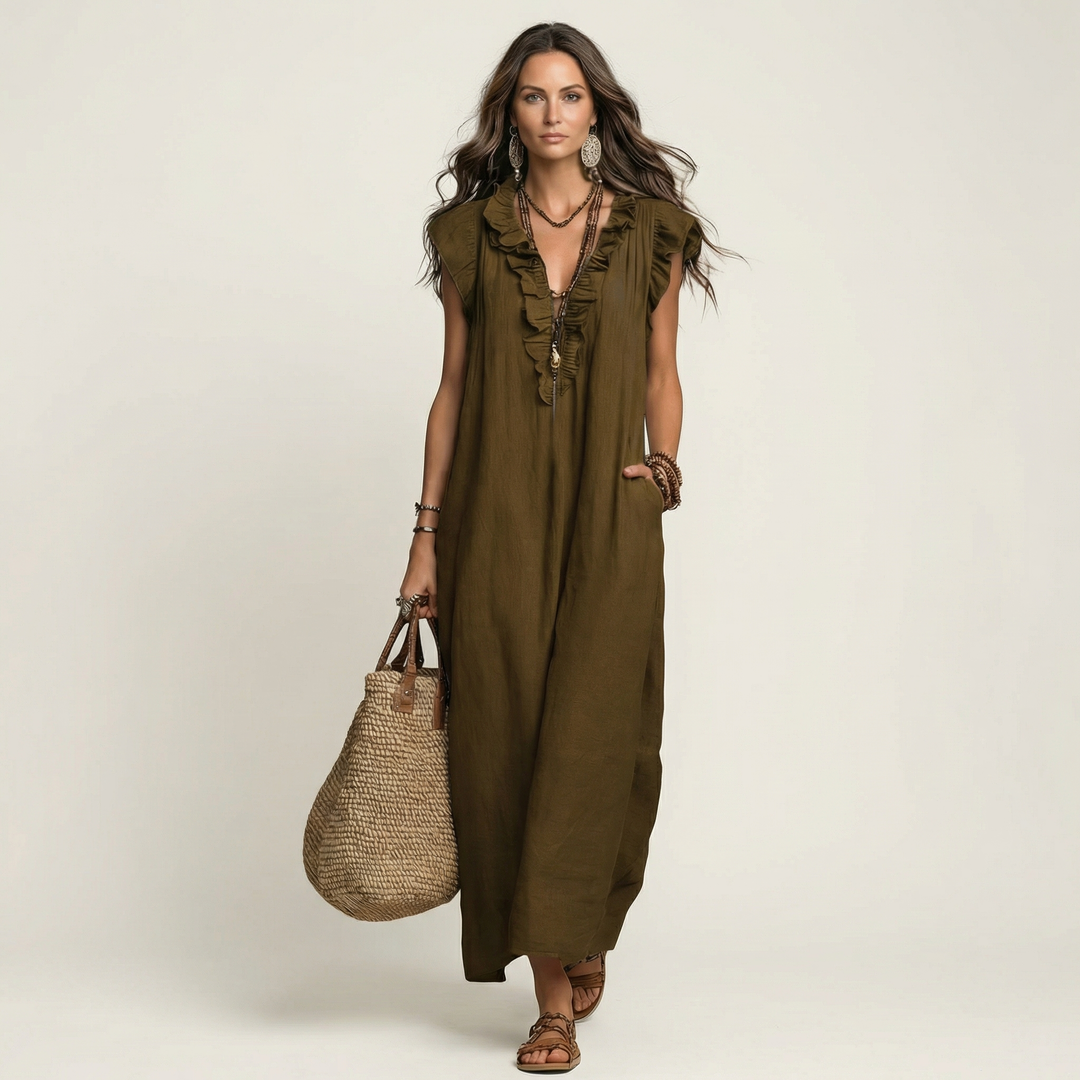 Beatrix | Rüschen-Maxikleid mit V-Ausschnitt