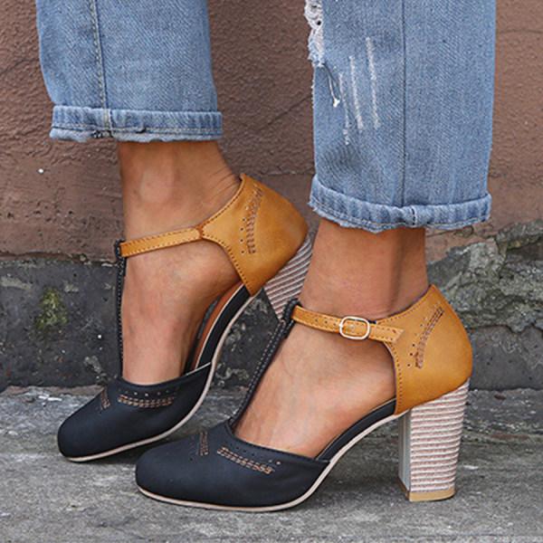 Lara | Damen Vintage T-Steg Pumps Mit Blockabsatz