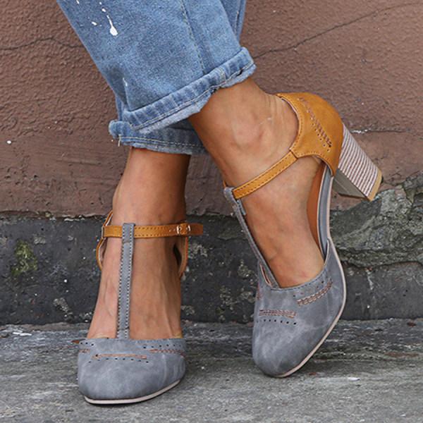 Lara | Damen Vintage T-Steg Pumps Mit Blockabsatz